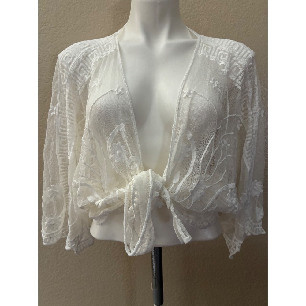 Ember White Sheer Mesh Lace Tie Front Shrug Embroidered Cardigan Medium